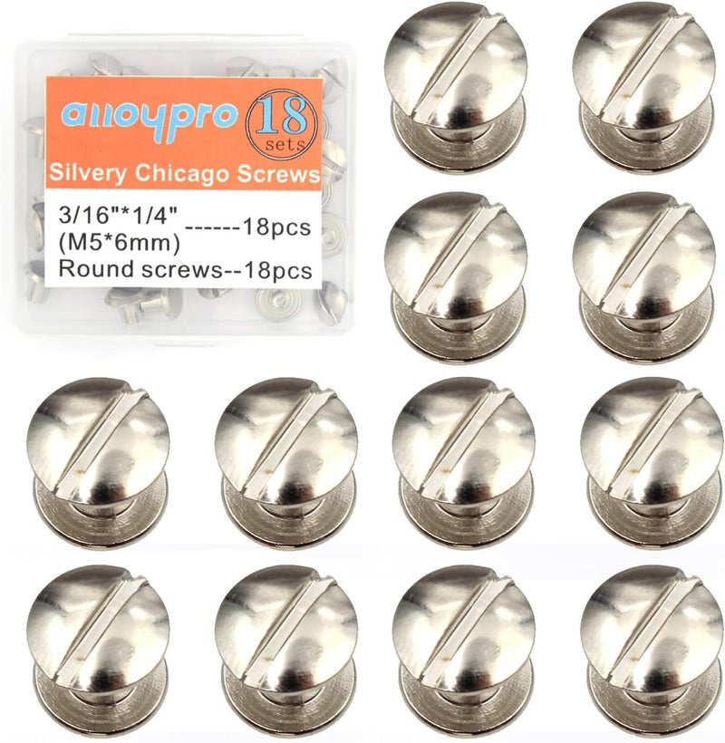 ALLOYPRO 36 Pcs Silvery Round Metal Chicago Binding Screws Assorted Kit Nail Rivet Chicago Button DIY Leather Decoration Bookbinding Round Flat Head Stud Screw M5x6mm - Image 1